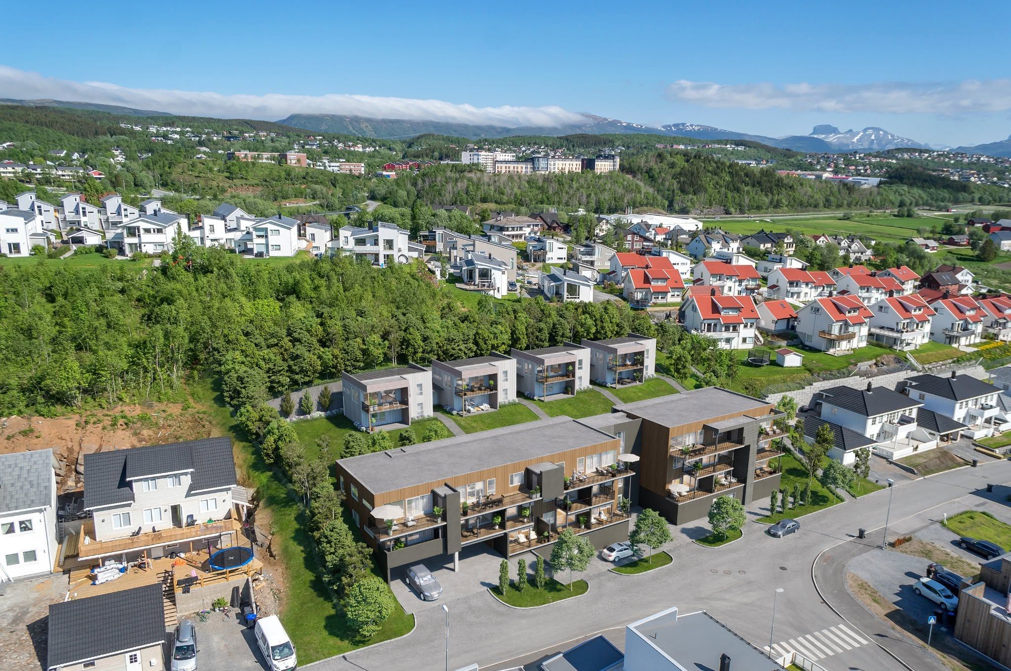 Boligfelt i Fauske sett fra drone